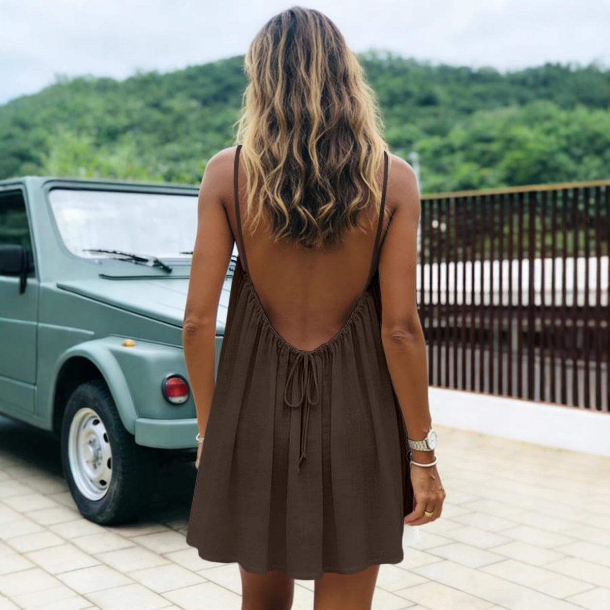 Womens Ruched Backless Ice Silk Short Dress