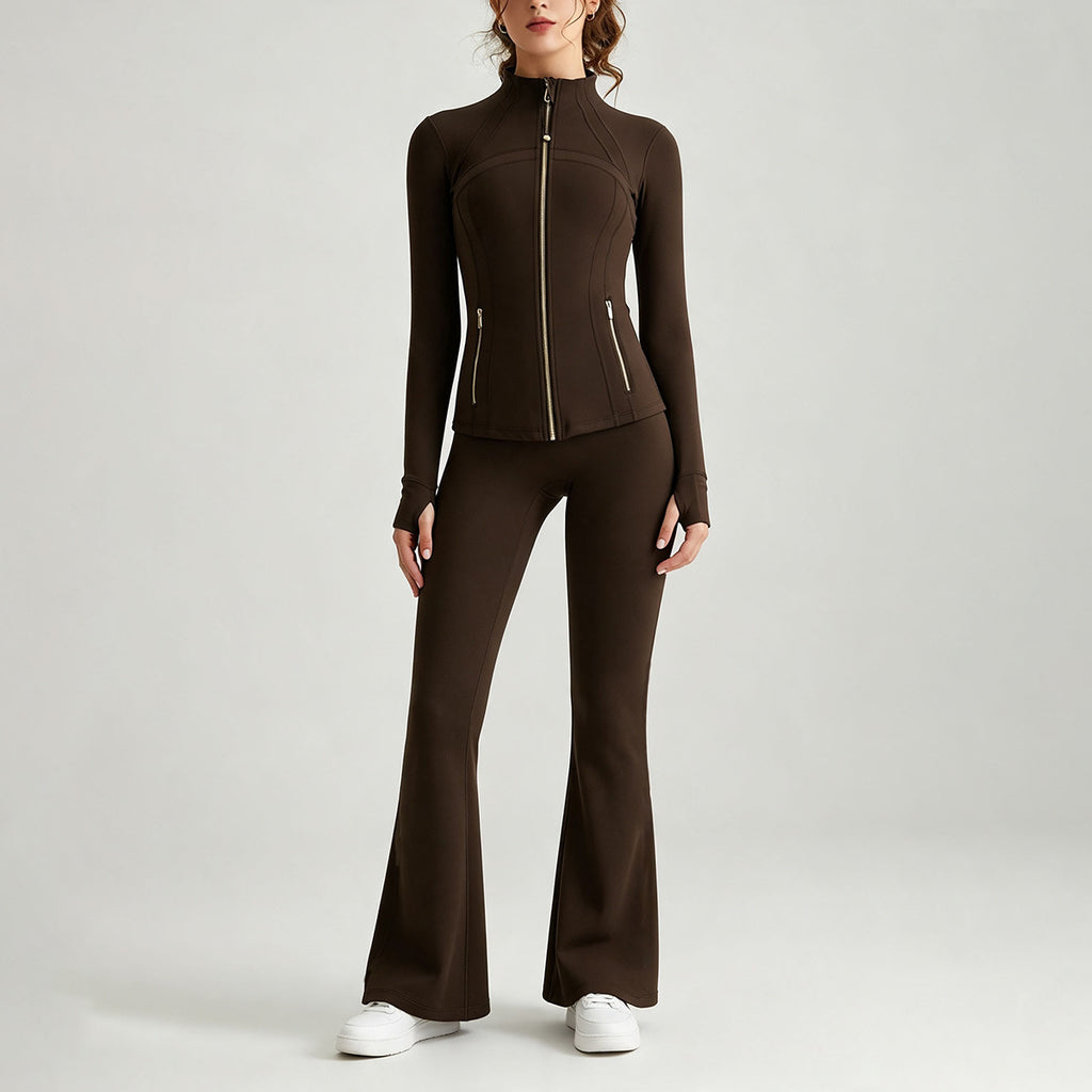 Double-Sided Brushed Yoga Set for Women Stand-Collar Slim-Fit Jacket High-Waist Flared Pants