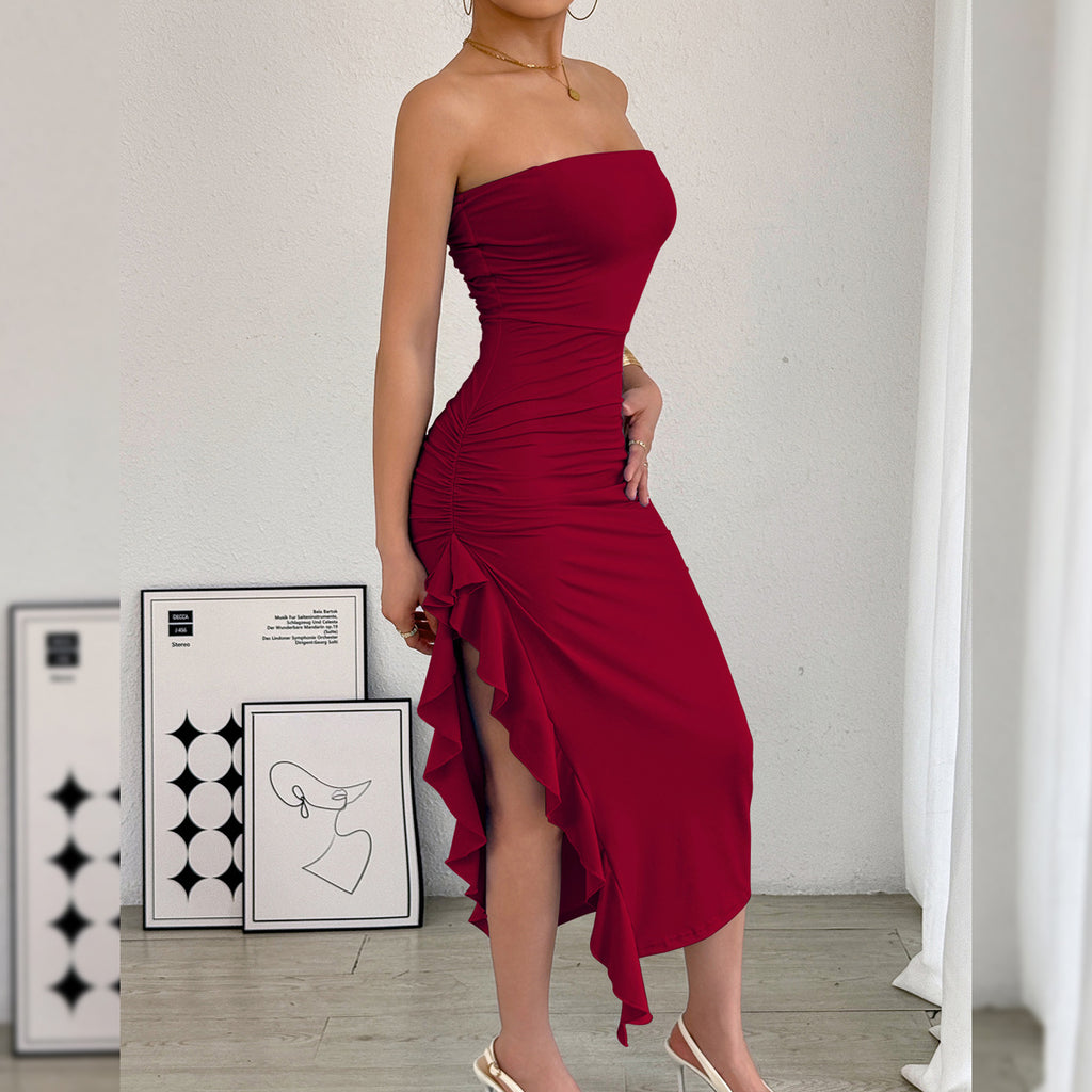 Women's Slim Fit Tube Top Bodycon Dress Slit Wrap Chest Solid Color