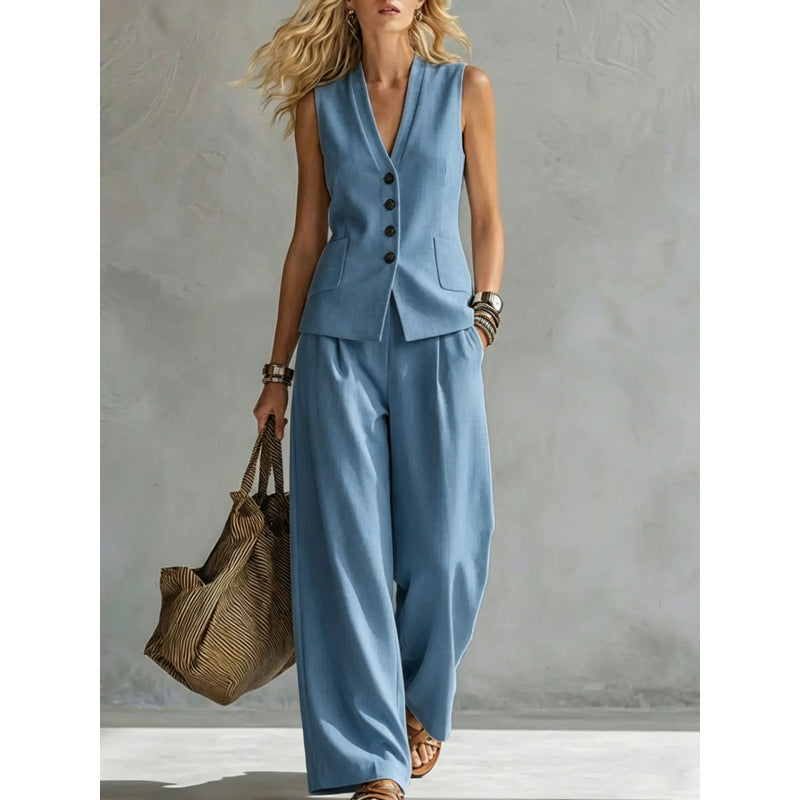 Women Solid Color Sleeveless Linen Vest and Pants Set