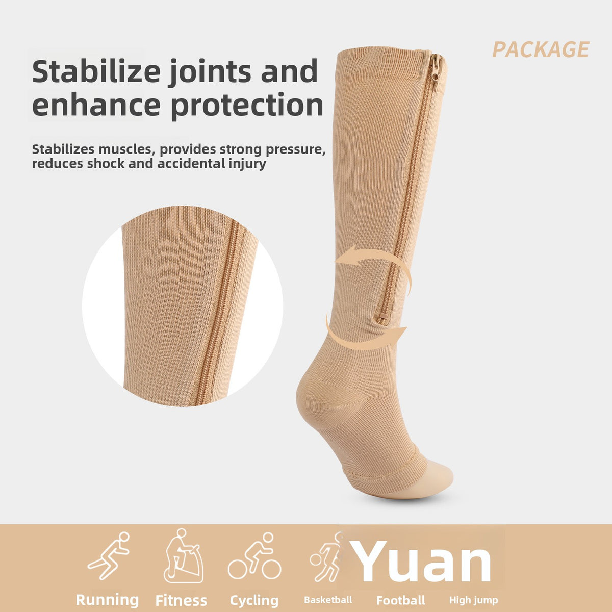 Sports Compression Socks with Zipper Nylon Elastic Mid-Calf