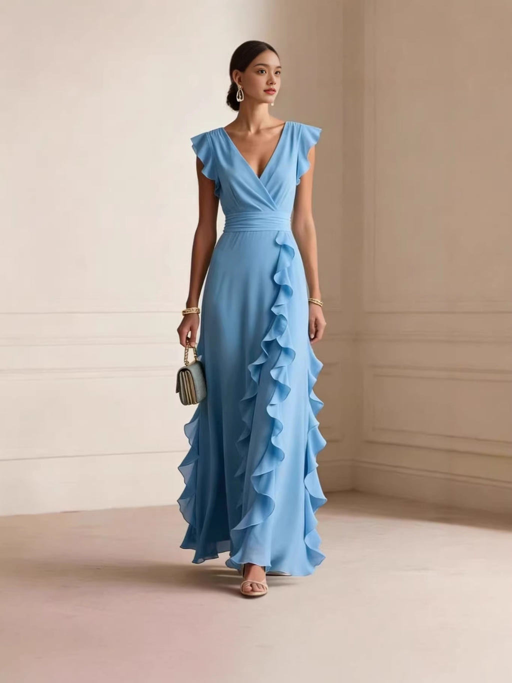 Solid Color, Ruched, Short-Sleeve, V-Neck, Dress, Chiffon Gown