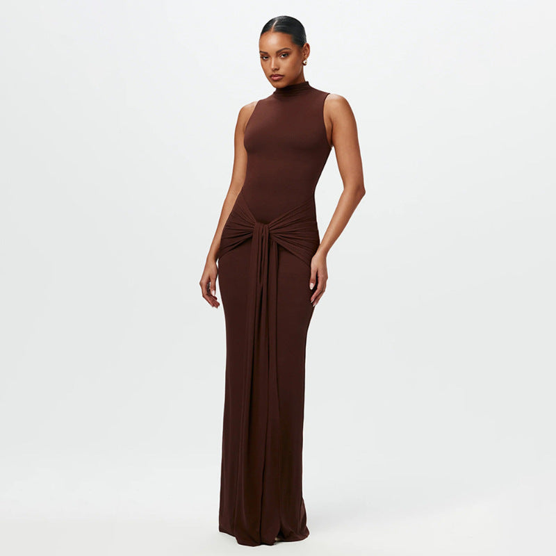 Elegant Solid Color Sleeveless Waist Strap Dress
