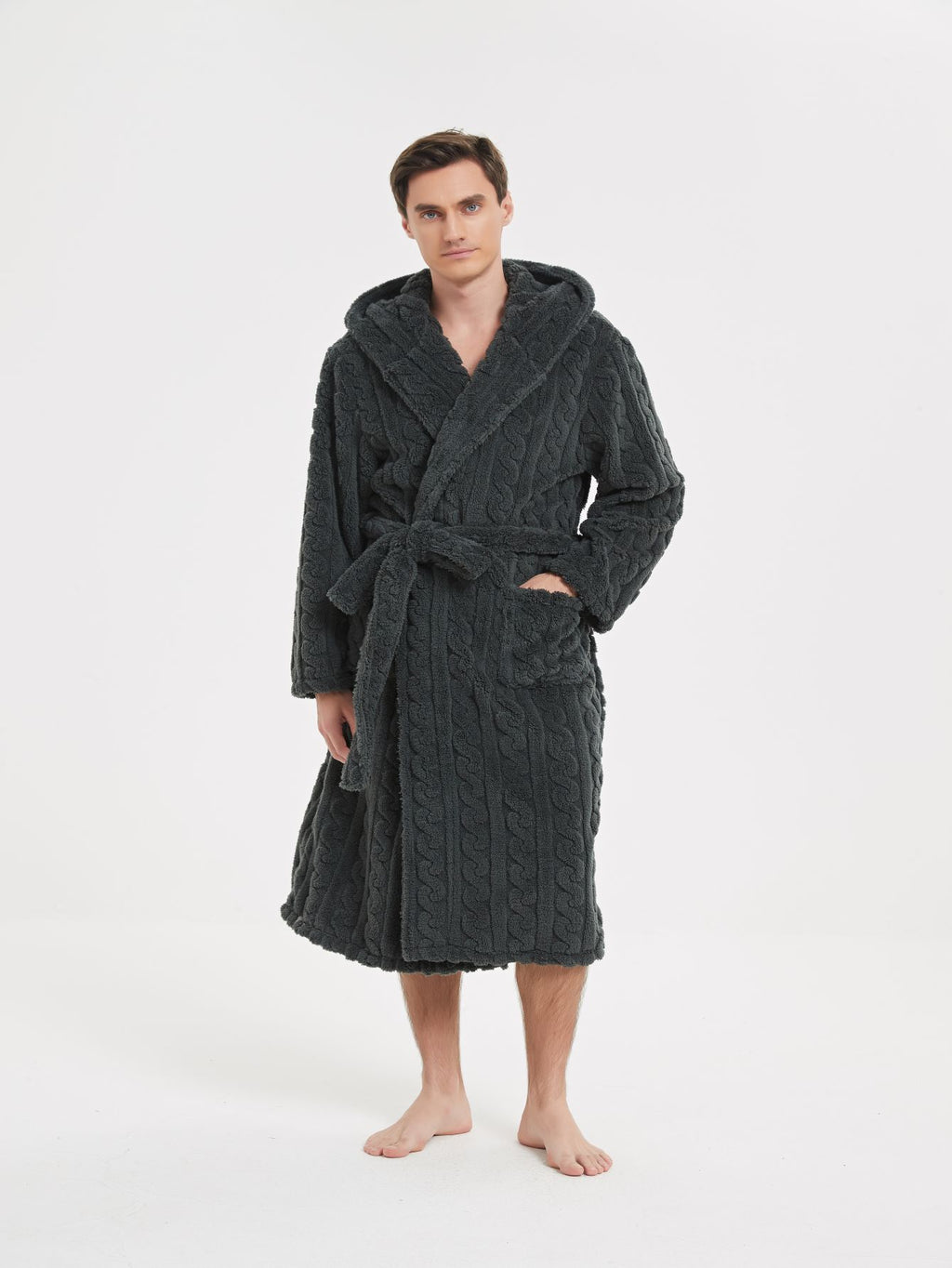 Warm Jacquard Cotton Velvet Couple Hooded Twist Nightgown Set