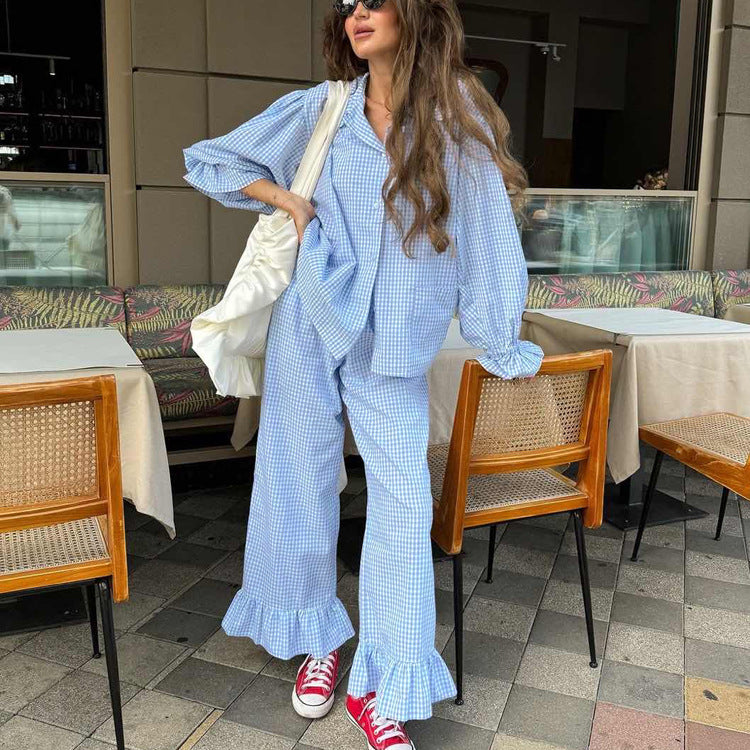 Fashion casual plaid suit women's 2025 new lapel horn sleeve shirt ruffled trousers two-piece set