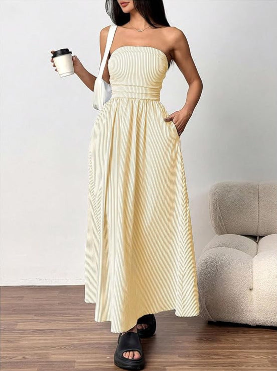 Tube Top Flap Pocket A-Line Dress