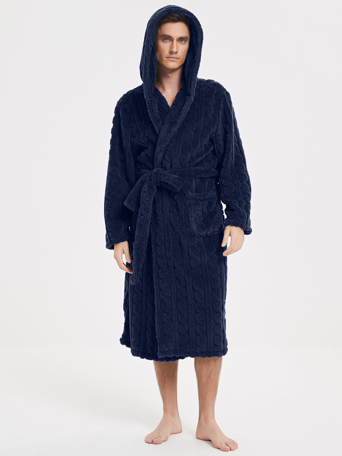 Warm Jacquard Cotton Velvet Couple Hooded Twist Nightgown Set