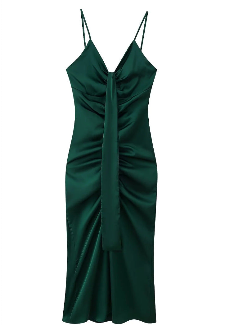 Satin V-neck Pleated Sleeveless Dress