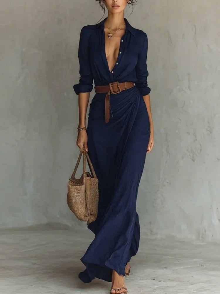Women's Elegant Solid Color Asymmetrical Pleated Dress with Belt