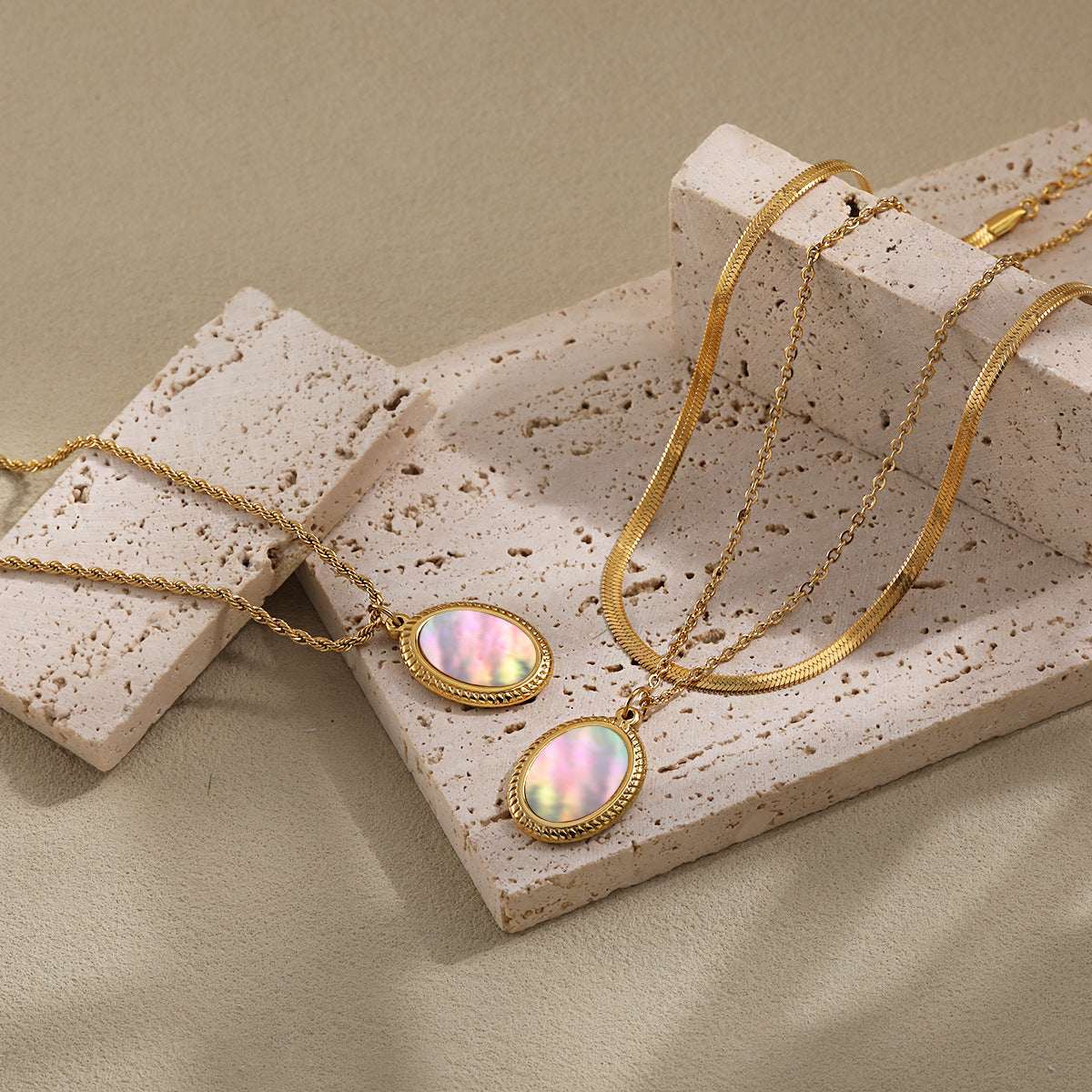 Natural Mother-of-Pearl Oval Titanium Steel Necklace