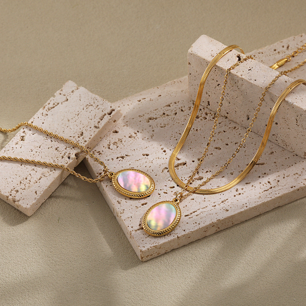 Natural Mother-of-Pearl Oval Titanium Steel Necklace