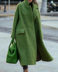 European and American Long Woolen Coat for Autumn and Winter Solid Color Elegant Commuter Wool Green Coat with Belt-Free Lapel