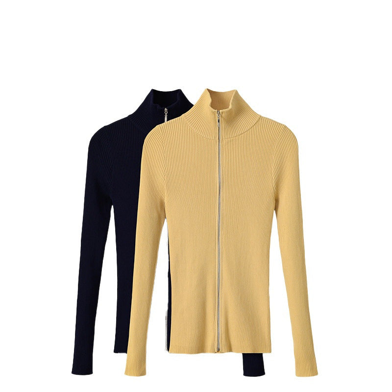 Women Ribbed Knit Stand Collar Slim Fit Sweater