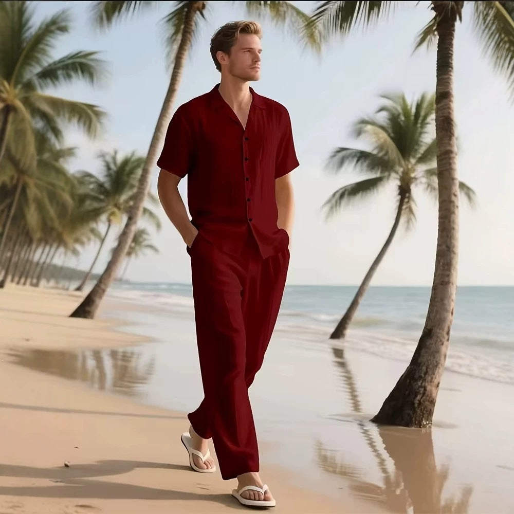 Mens Solid Color Short Sleeve Shirt and Drawstring Long Pants Two Piece Outfit