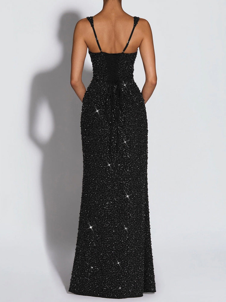 Women's Sequined Slim Fit Long Slip Dress Elegant Party Gown Sleeveless Evening Dress