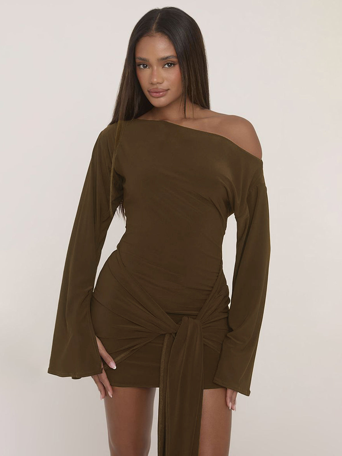 Slanted Shoulder Long Bell Sleeve Bodycon Dress