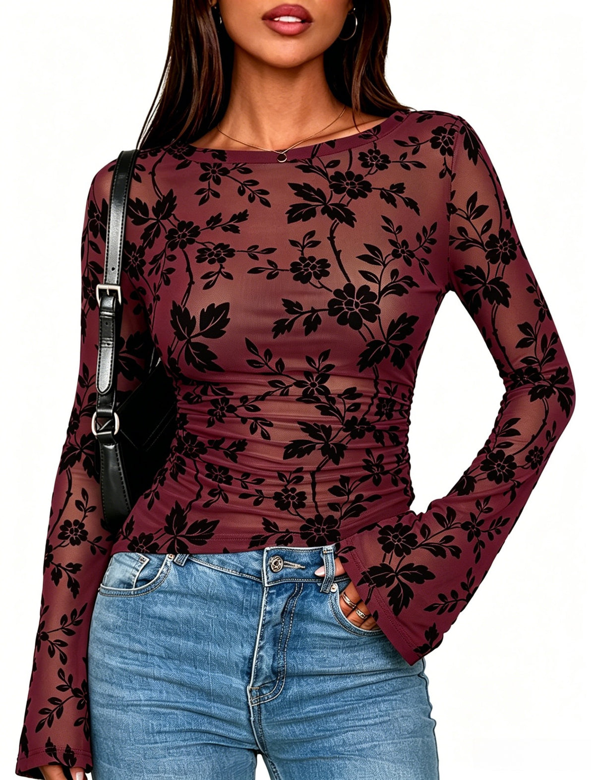 Women's Floral Flocked Mesh Slim Fit Long Sleeve T-Shirt