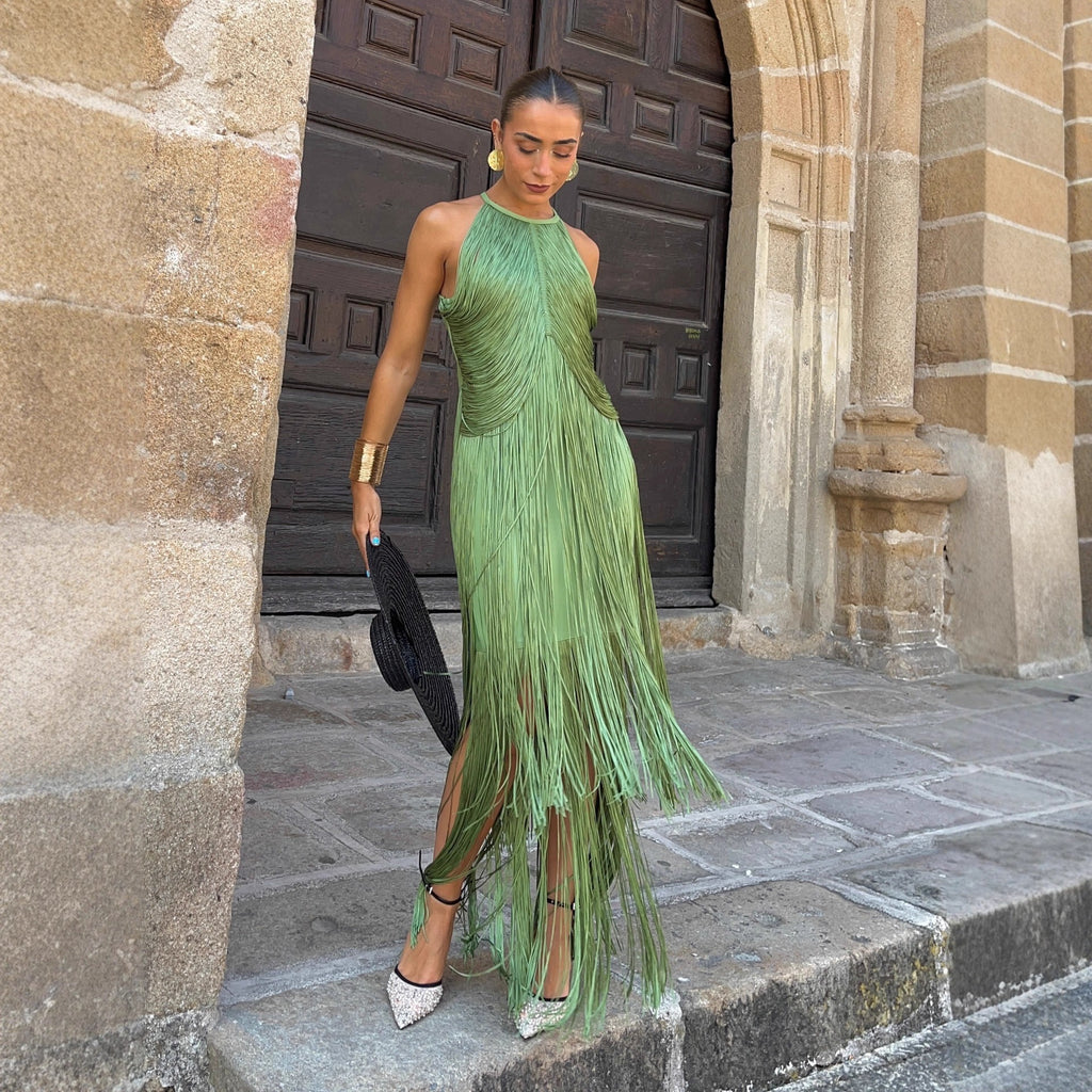 Elegant Halter Neck Tassel Long Dress