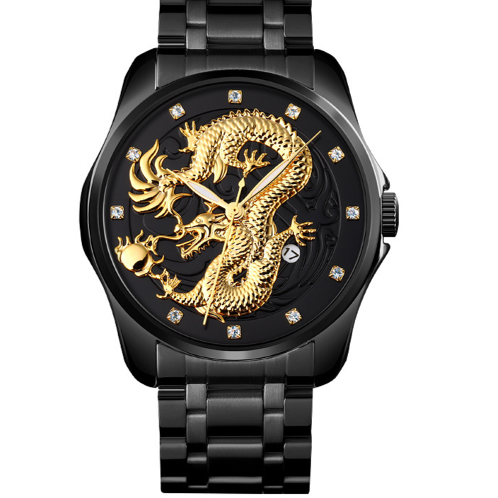 Mens Dragon Embossed Quartz Calendar Watch