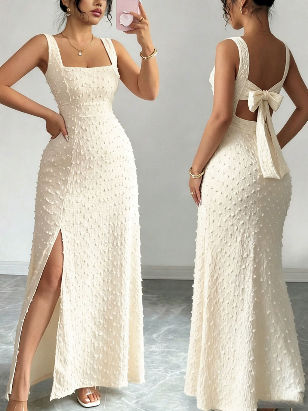 Square-Neck Jacquard Long Dress
