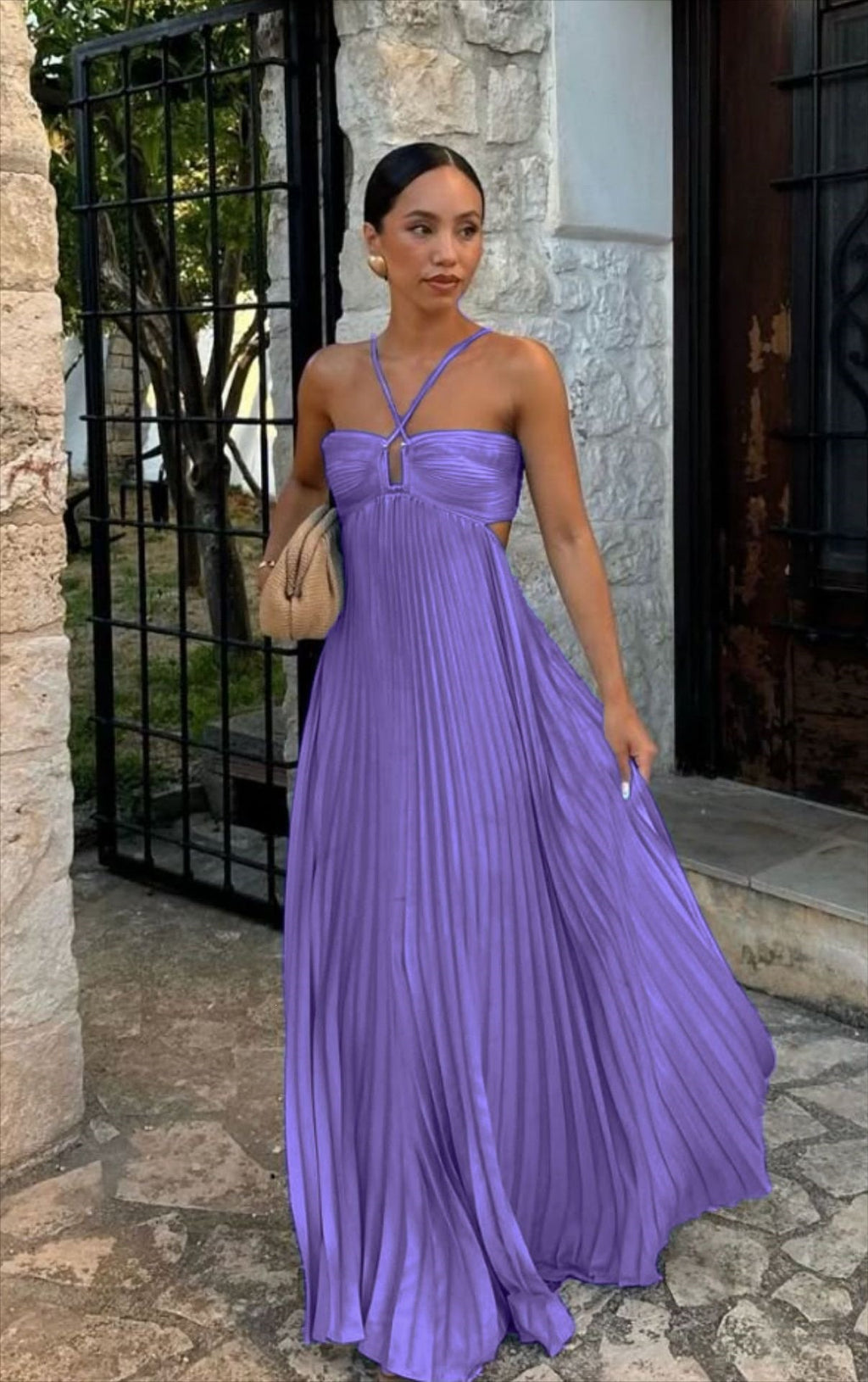 Solid Color Pleated Sleeveless Strap Dress