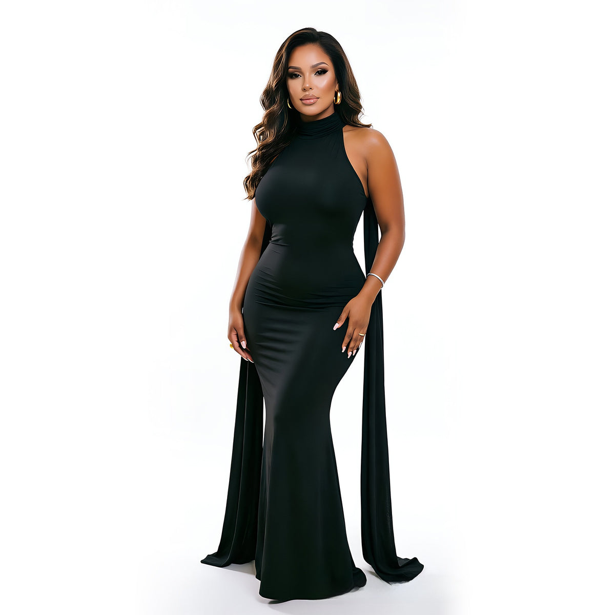 Halter Neck Fishtail Evening Gown with Cape