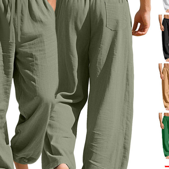 Mens Cotton Linen Loose Fit Drawstring Casual Pants