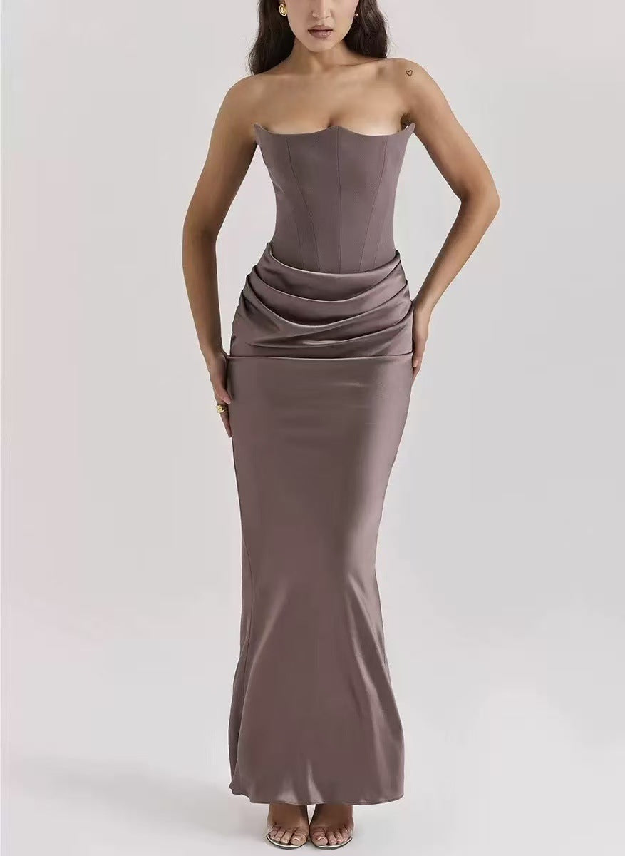 Elegant Satin Bodycon Dress with Pleated Detail