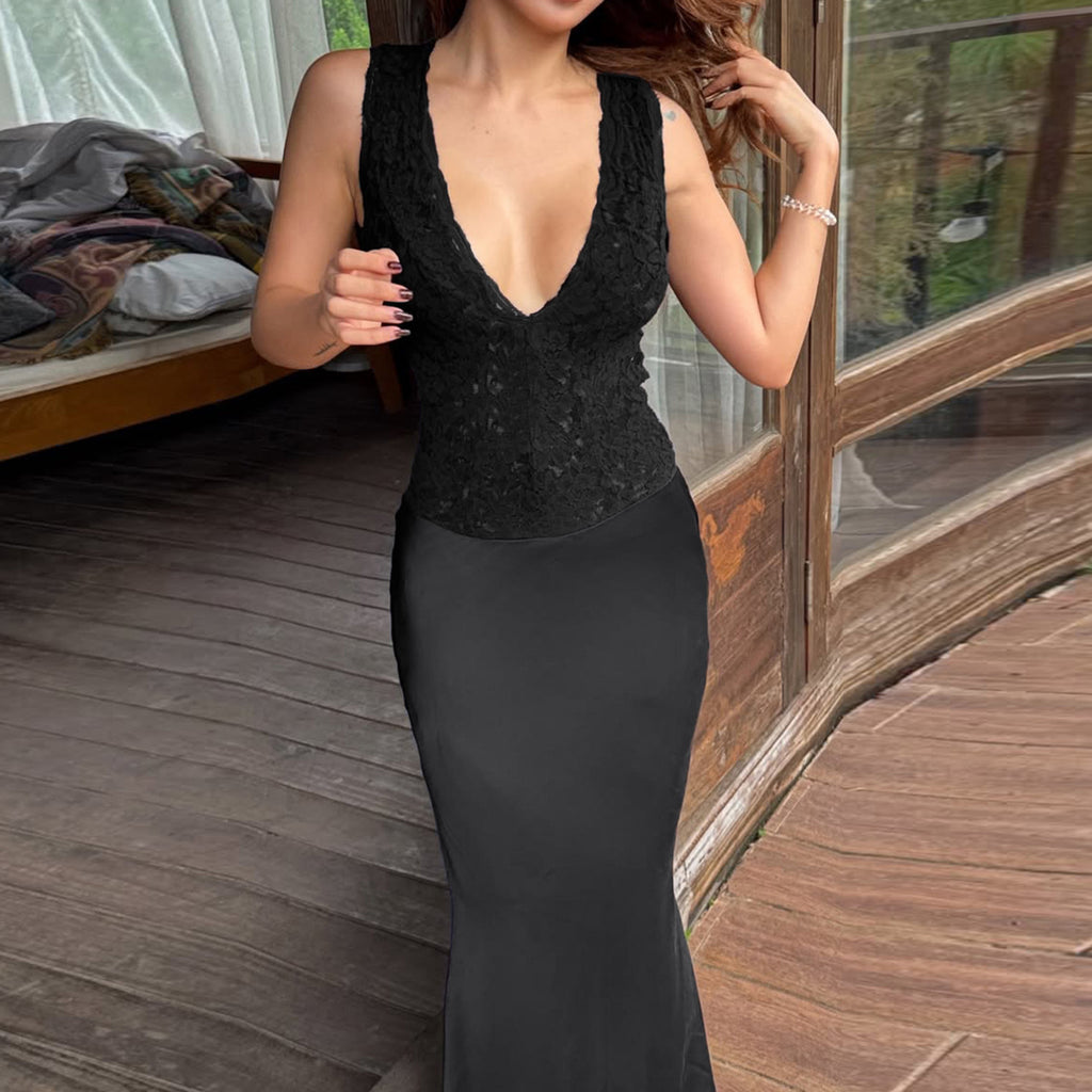 Deep V-Neck Lace Satin Party Dress