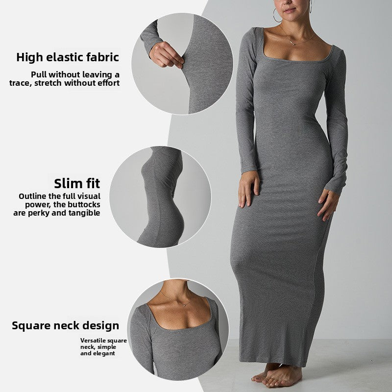 Long Dress with Ribbed Waist-Slimming Design and Built-in, Non-Slip Shoulder Straps