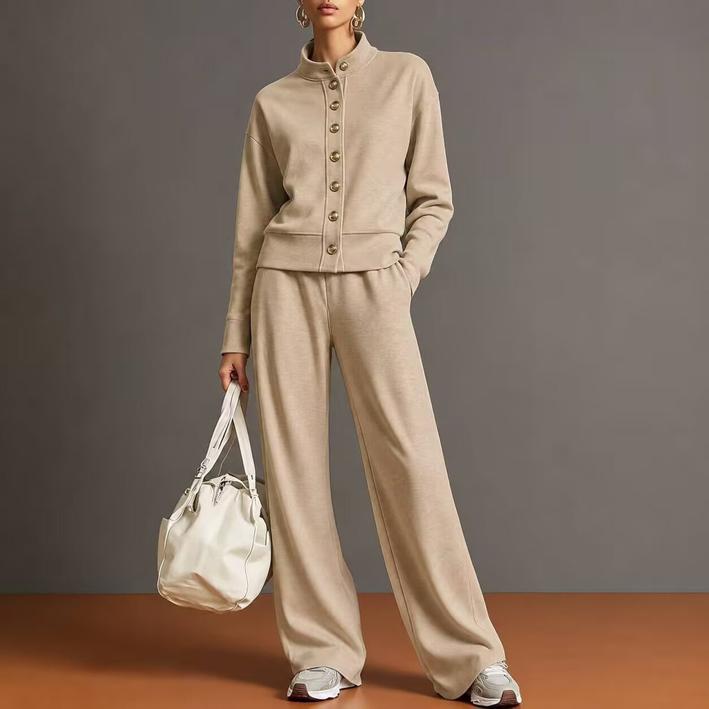 Women's Solid Color Stand Collar Sweatshirt and Wide Leg Pants Casual Two Piece Set