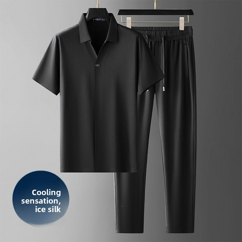 Men's Ice Silk Casual Short Sleeve Top and Pants Set