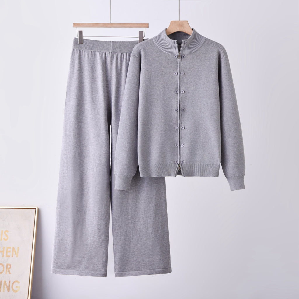 Women Thickened Half-High Neck Knit Suit Long Sleeve Zipper Button Solid Color Casual Two-Piece Set