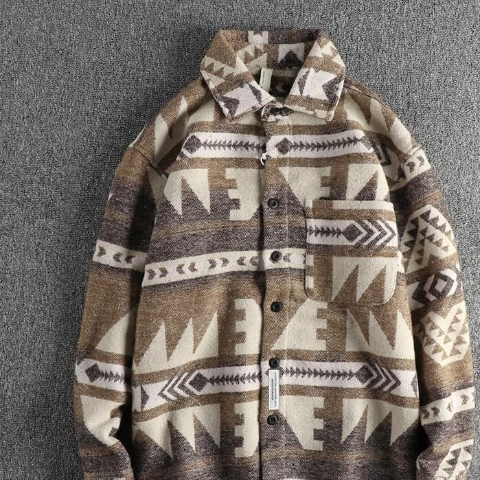 Retro Woolen Tribal Pattern Long Sleeve Shirt Heavyweight Men Autumn Winter Thick Casual Shirt