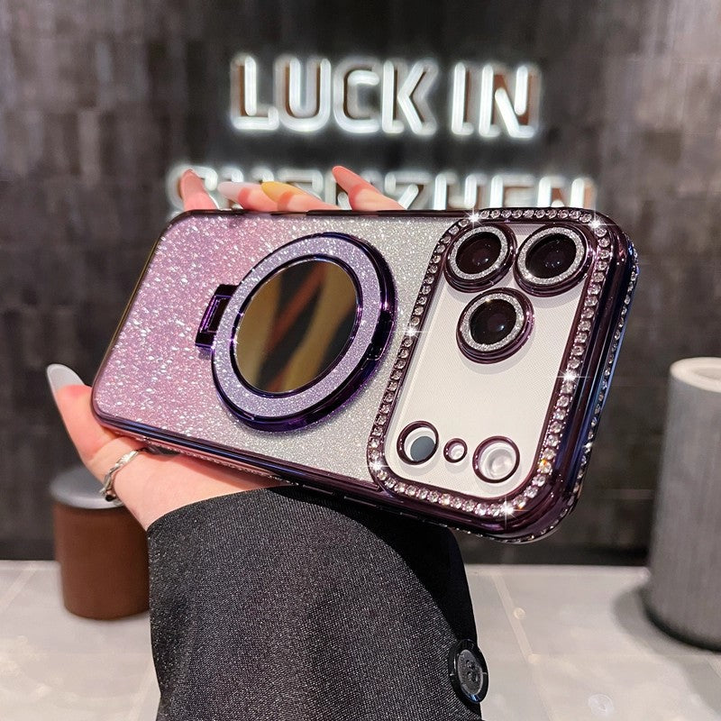 Glitter Magnetic Stand Mirror Phone Case for iPhone 11 12 13 14 15 16 17 18 Pro Max Plus