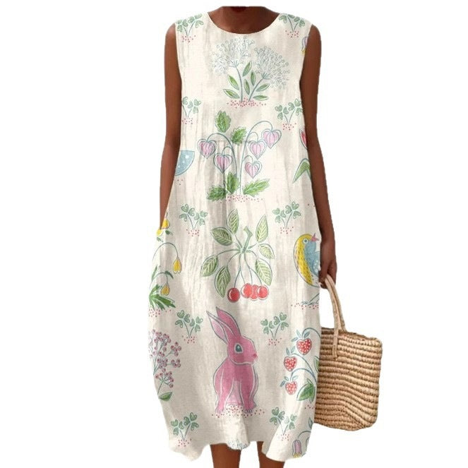Printed Pocket Elegant Long Dress, Slim-Fit Fresh-Casual Dress