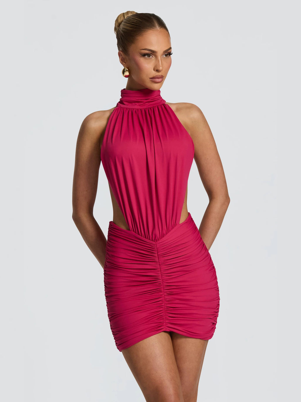 Women's Halter Neck Cut-Out Ruched Bodycon Mini Dress Sleeveless