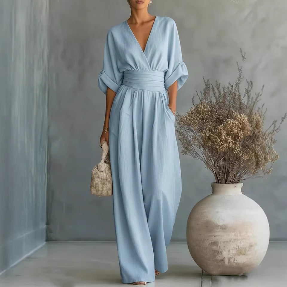 Elegant V Neck Waist Cinching Women Jumpsuit