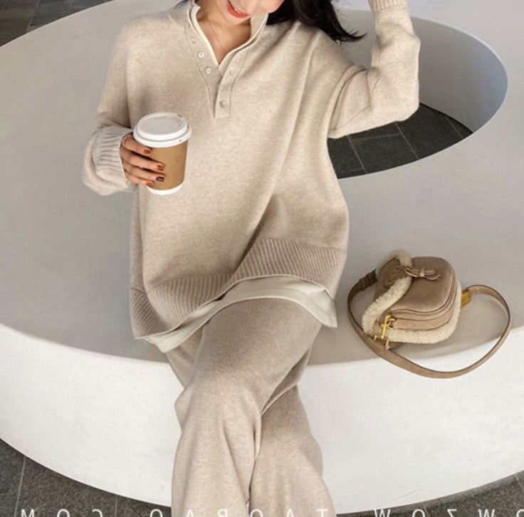 Long Sleeve Pullover Top and Wide-Leg Pants, Striped Casual Suit