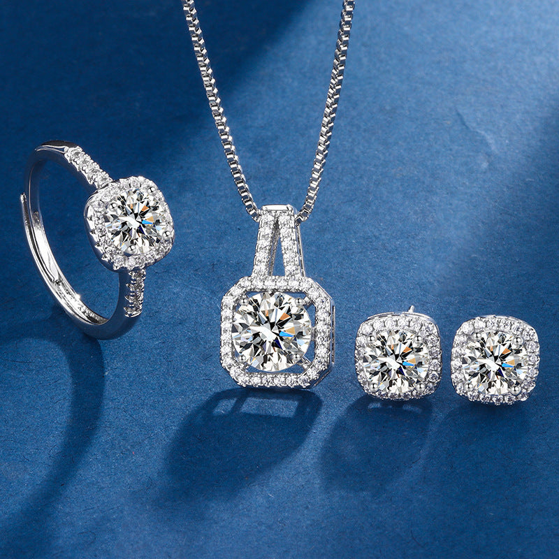 Luxury Square Zircon Ring Earrings Necklace Set