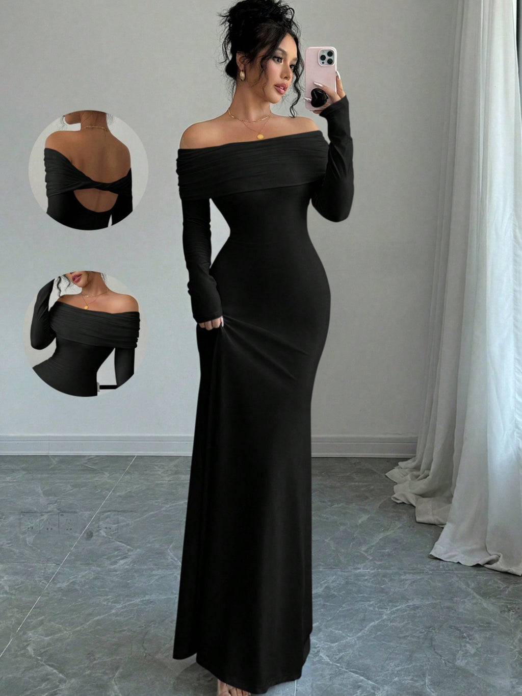 Off-Shoulder Pleated Long Evening Dress