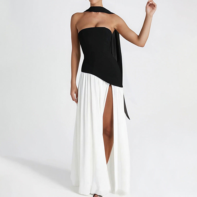 Elegant Slim Fit Solid Color Waist Cinching Slit Dress