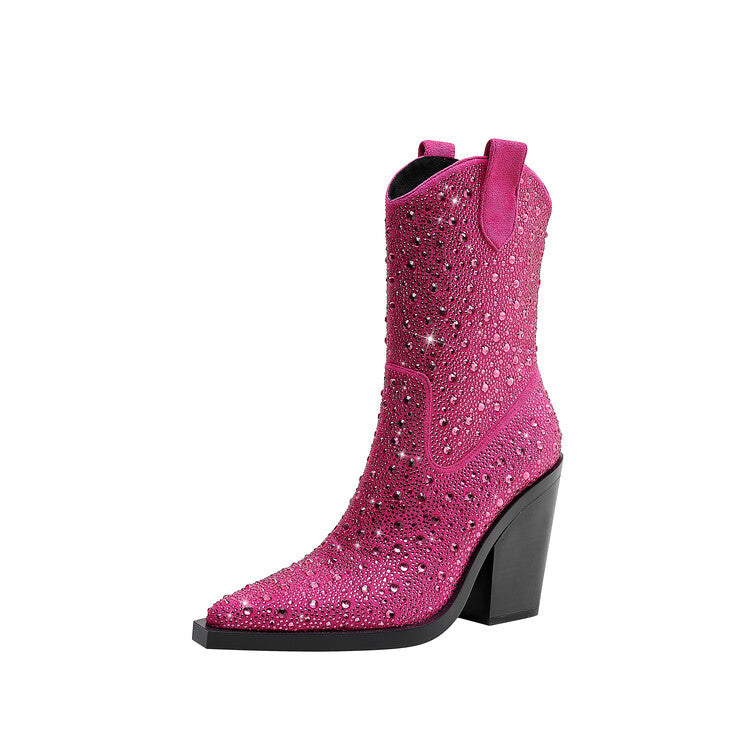 Women's Rhinestone Pointed-Toe Chunky-Heeled Western Ankle Boots with Side Zipper