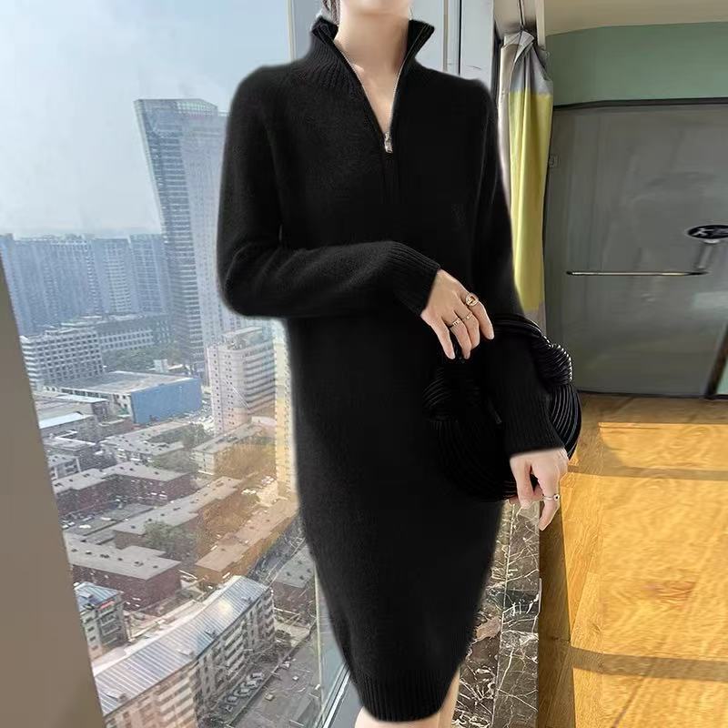 Mid-Length Knitted Dress with Stand Collar