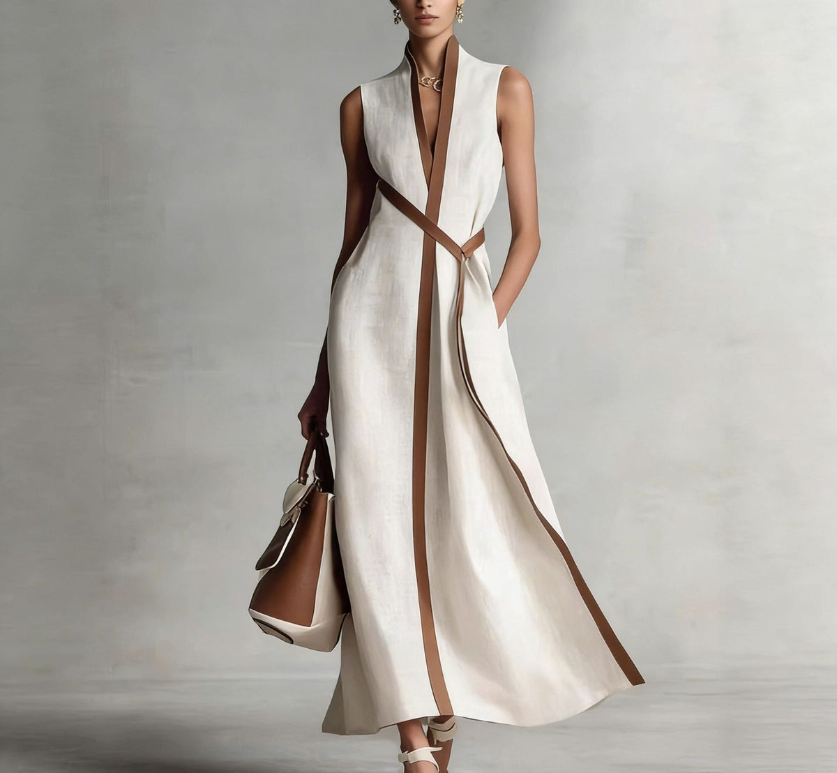 Stand Collar Sleeveless Color Block Loose Dress