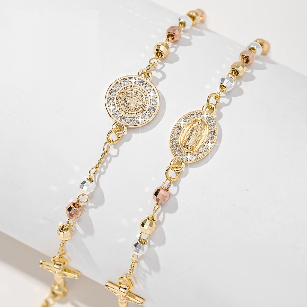 Cross-shaped diamond-studded bead necklace bracelet