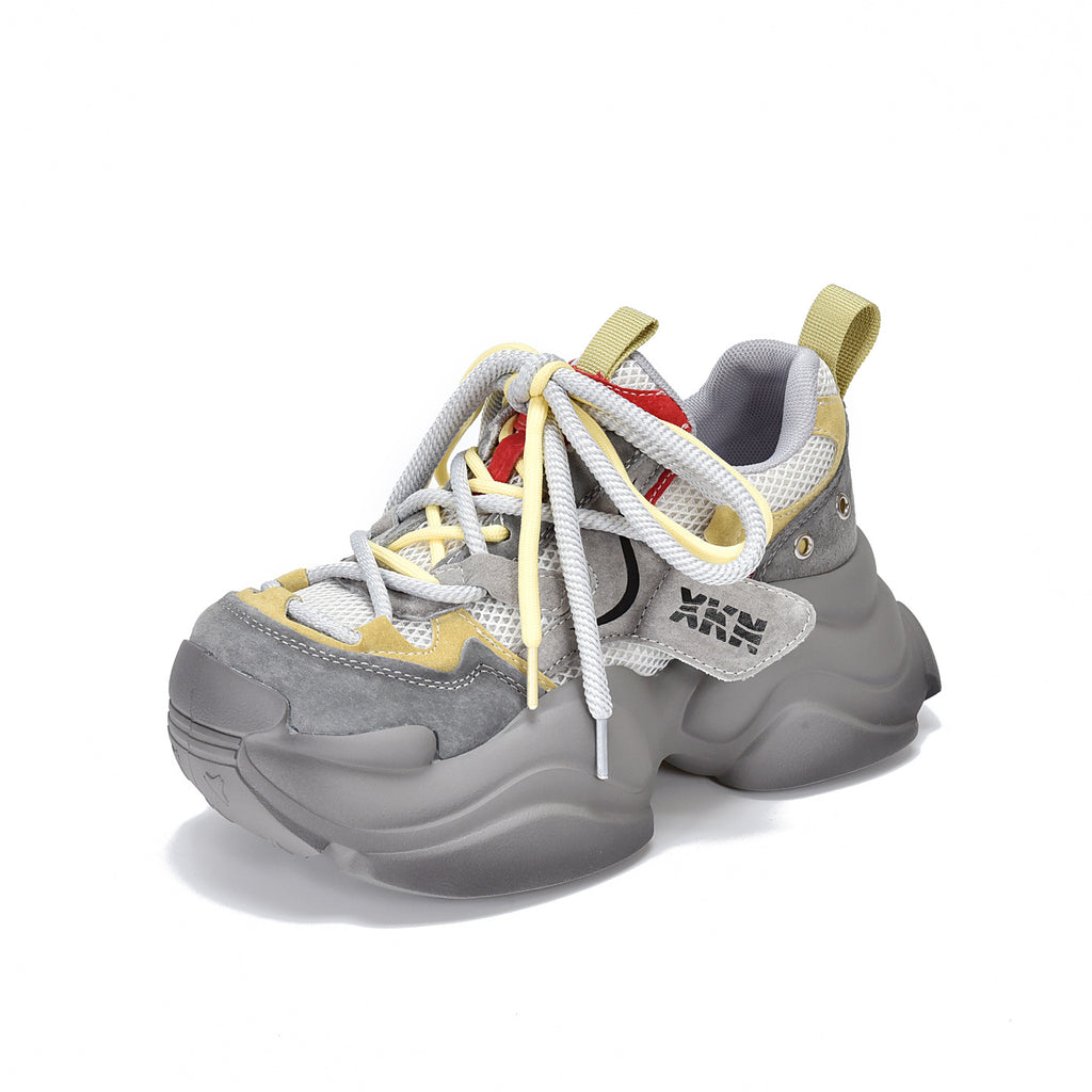 Compact, lightweight, thick-soled dad sneakers for women?mesh upper with genuine leather accents, color-blocked lacing, casual style