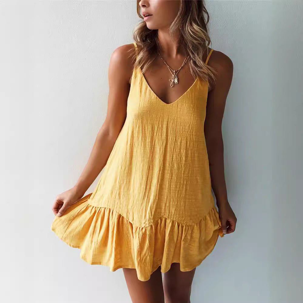 Women's V Neck Backless Suspender Dress