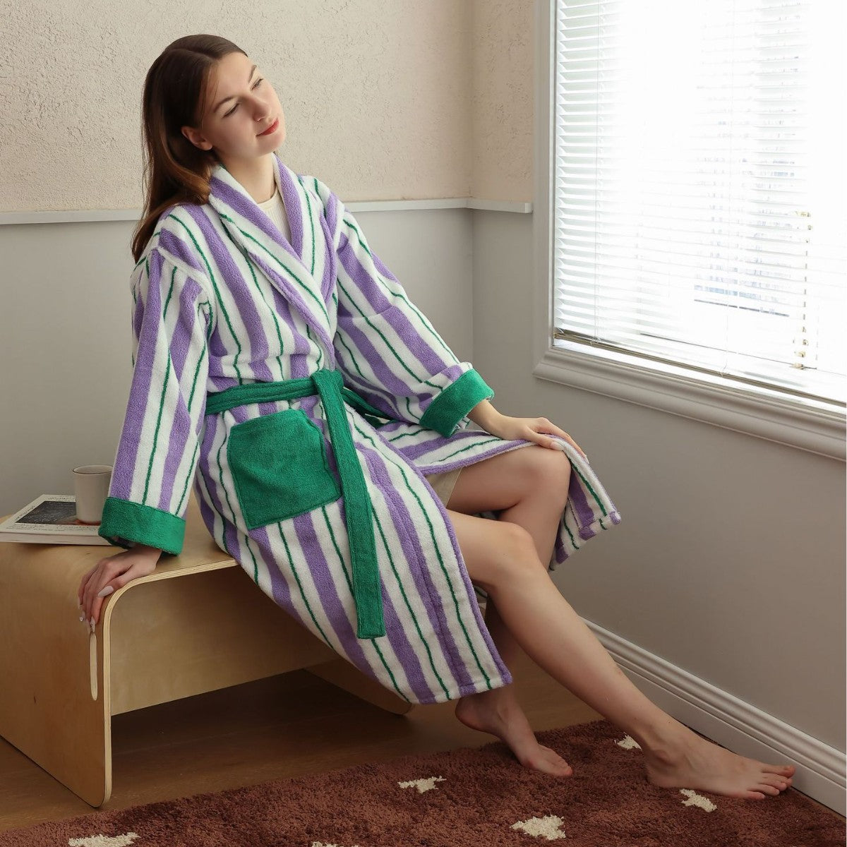 Striped Hooded Absorbent Cotton Bathrobe