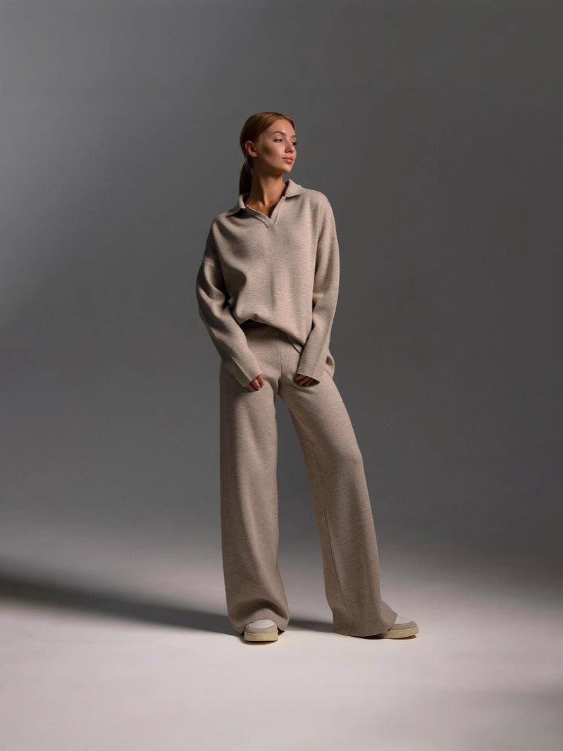 Women's Two-Piece Knit Set Polo Collar Pullover and Wide-Leg Pants